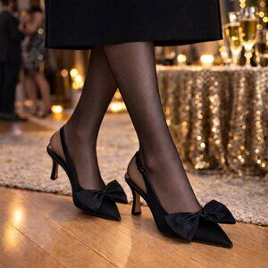 ZARA - NEW black satin pointy toed slingback heels with bow - size 39